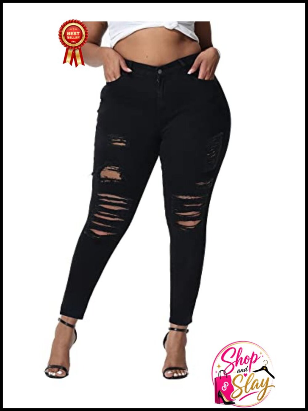 Plus Size Ripped Skinny Jeans High Waisted Stretchy Ankle Denim